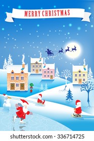 3 funny gnomes, snowman and winter landscape. Christmas image.vector illustration