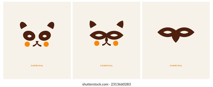 3 Funny Minimalist Posters with Carnival Animals. Cute Vector Illustration with Brown-Orange Icon of Head of Panda Bear, Raccoon and Owl Wearing Carnival Mask. Simple Printable Designs. RGB Colors.