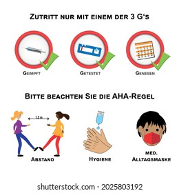 3 G and AHA rule. Text in German (access only with one of the 3G's, vaccinated, tested, recovered), (Please note the AHA rule, distance, hygiene. Medical everyday mask). vector