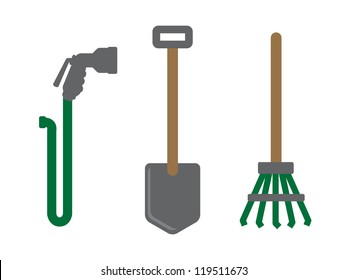 3 Garden Tool Icons. Hose With Spray Nozzle, Shovel And Rake.