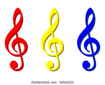 3 G-clef symbols in different colours. Vector