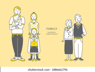 3 generation family, simple and modern hand drawn illustration