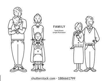 3 generation family, simple and modern hand drawn illustration
