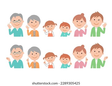 3 generations, 6 family members are aligned side by side. It is a set of OK signs and guidance.