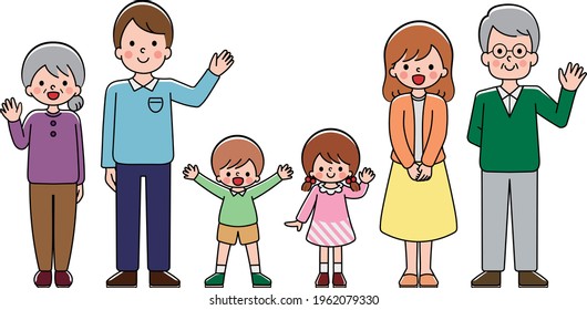 3 generations family standing pose illustration