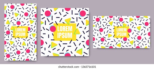 3 Geometric background with geometric line shapes pattern with trendy Memphis fashion style 80s-90s template in colorful vibrant colors isolated on white background set