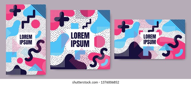 3 Geometric background with geometric line shapes pattern with trendy Memphis fashion style 80s-90s template in colorful vibrant colors isolated on white background set.