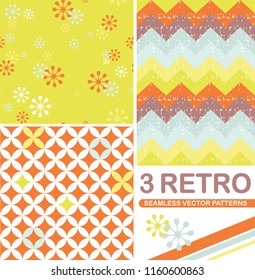 3 Geometric Retro Seamless Vector Patterns. Late 1960 to early 1980s colors. Repeating patterns are great for webpage backgrounds, packaging, or surface designs.