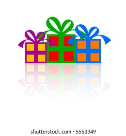 3 Gift boxes with bright colors on a white background with reflections.