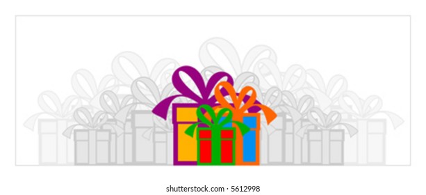 3 Gift boxes with bright colors with a lot of gray boxes in the background.