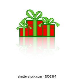 3 Gift boxes with Christmas colors on a white background with reflections.