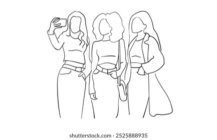 3 girlfriends taking pictures continuous line art drawing isolated on white background. Best friends line art drawing. Vector illustration	