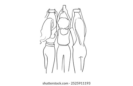 3 girlfriends taking pictures continuous line art drawing isolated on white background. Best friends line art drawing. Vector illustration	