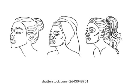 3 Meninas aplicando máscara de folha hidratante no rosto, desenho de linha continiosa. Salão de Spa, cosmetologia, cuidados com o corpo, delineamento de beleza. Ilustração vetorial