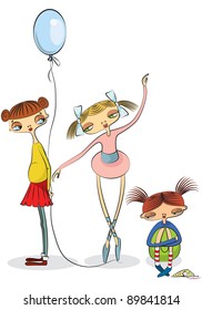 3 girls - ballet girl, girl with a balloon and a girl who dropped her ice cream
