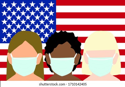 3 girls with the different hair is wearing green mask with USA flag background. Disease prevention. Personal hygiene. Health care concept. Illustration vector.