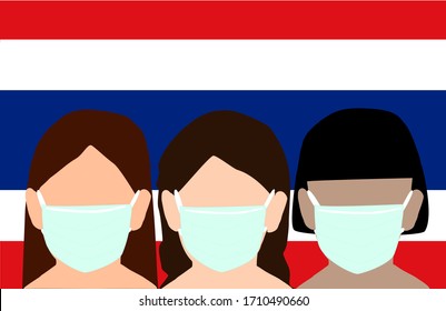 3 girls with the different hair is wearing green mask with Thailand flag background. Disease prevention. Personal hygiene. Health care concept. Illustration vector.