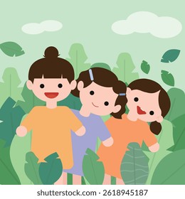 3 girls playing in the woods