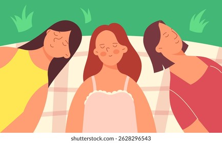 3 girls relaxing on a plaid in nature. Concept of a holiday in nature with friends