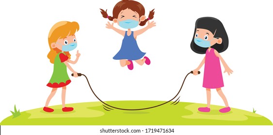 3 girls are using medical mask while playing jumping rope together illustration