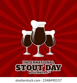 3 glass of beer drink with bold text on a dark red background to celebrate International Stout Day on November 4