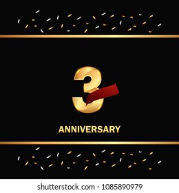 3 gold anniversary celebration design with red ribbon and glitter element, isolated on black background