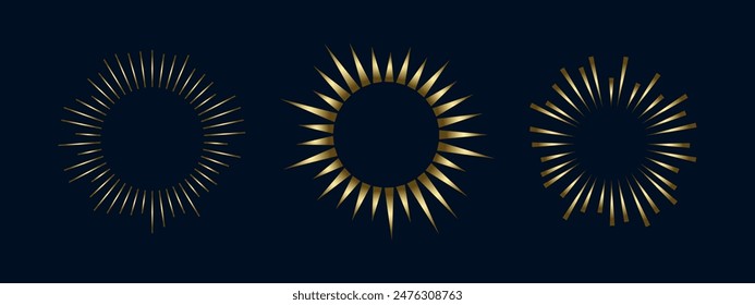 3 gold frames on a black background. Retro gold Sun burst shapes.