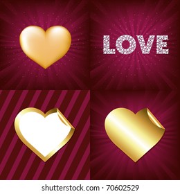 3 Gold Hearts And Word Love From Brilliants, Vector Illustration