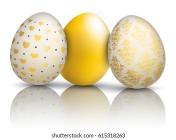 3 golden easter eggs on the mirror. Eps 10 vector file. 
