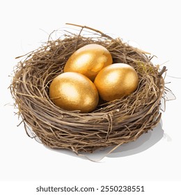 3 golden eggs in nest on white background