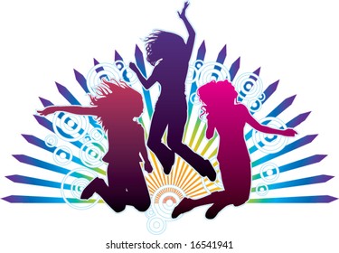 3 gradient silhouetted outlined pink girls jump with rainbow rays and bubble cd abstract illustration vector