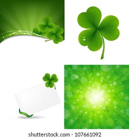 3 Green Background With Clover, Vector Illustration