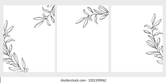 3 Green Olive Twigs Vector Illustrations. Black Olive Branches Isolated on a White Background. Simple Elegant Wedding Cards. Floral Hand Drawn Arts ideal for Invitation, Menu, Hot Stamping. No Text.