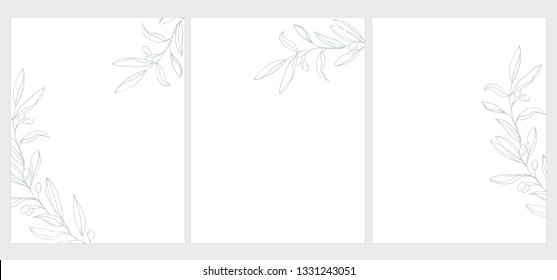 3 Green Olive Twigs Vector Illustrations.Light Green Olive Branches Isolated on a White Background. Simple Elegant Wedding Cards.Floral Hand Drawn Arts ideal for Invitation, Hot Stamping. No Text.