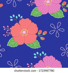 3 groups of large flowers, composed of seamless patterns, dark blue background, retro pattern