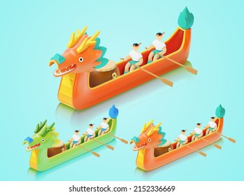 3 Groups Of People Are Having Dragon Boat Racing Competition. 3d Isometric Duanwu Festival Elements Isolated On Aqua Blue Background.