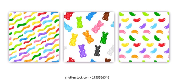 3 Gummibär, Geleewürmer und Bohnen süße, nahtlose Kontraste mit atemberaubendem Flavour-Design, Vektorgrafik. Helle, farbenfrohe Gelee leckere Süßigkeiten einzeln auf weißem Hintergrund.