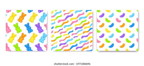 3 Gummy bear, jelly worms and beans sweet candy seamless pattern set with amazing flavor flat style design vector illustration. Bright colorful jelly delicious sweets isolated on white background.