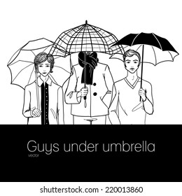 3 guys under umbrellas.