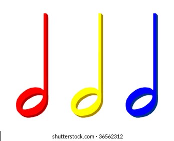 3 half note symbols in different colours. Vector