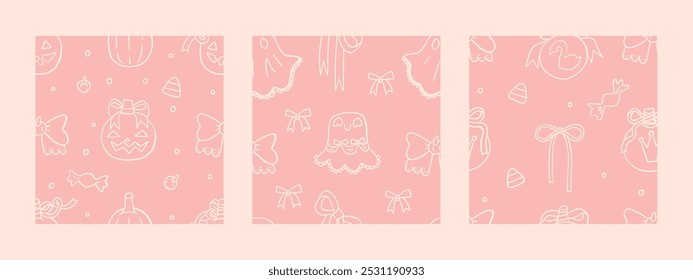 3 coleção de padrão sem emenda vetor de coquete rosa de Halloween. Papel de parede bonito outono, papel de embrulho feriado, scrapbooking, fundo, impressões têxteis, estacionário. Fundo de Halloween de coquette menina