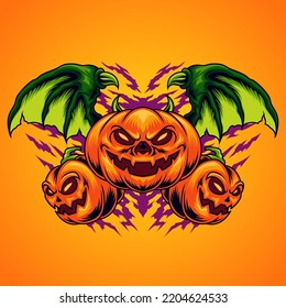 3 halloween pumpkin devils with wings