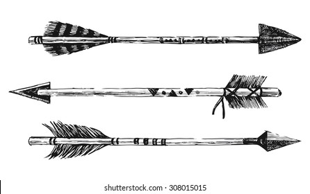 3 hand drawn arrows in tribal style on white background