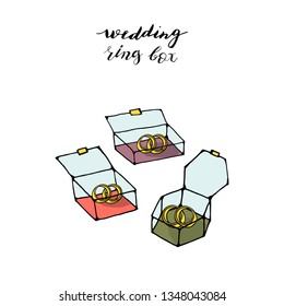 3 hand drawn doodle style modern trendy geometric wedding boxes with wedding rings. isolated on white background. stock vector illustration 