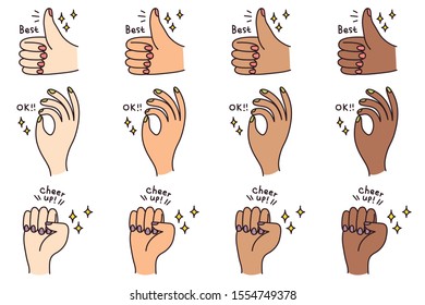 3 Hand Drawn Hand Gesture with Skin Tones Vector Illustration