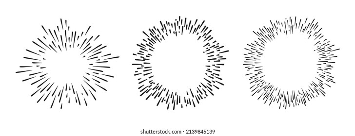 3 Hand drawn starburst doodle explosion vector illustration set isolated on white background. Retro vintage design sun rays or fireworks radial elements of shine hipster arts.