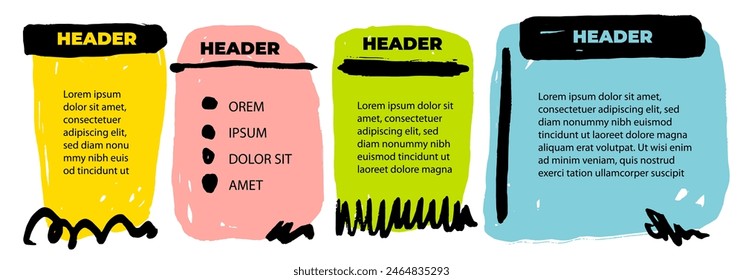 3 cuadros de texto dibujados a mano. Marcos de grunge para texto e infografía. Plantilla de diseño vacía. Elemento de diseño para presentación con espacio de copia. Diseño de flujo de trabajo. Manchas pintadas con pincel. Trazos de pintura