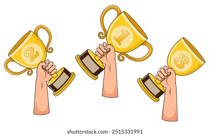 3 hands holding a gold trophy with the numbers 1, 2, 3 written on each. graphic vector, cartoon style, gold trophy,
