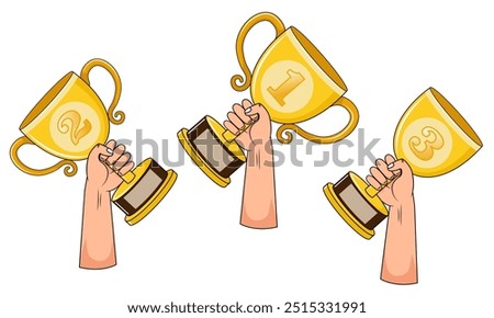 3 hands holding a gold trophy with the numbers 1, 2, 3 written on each. graphic vector, cartoon style, gold trophy,