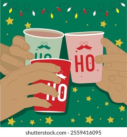 3 hands holding paper cup Christmas party toast